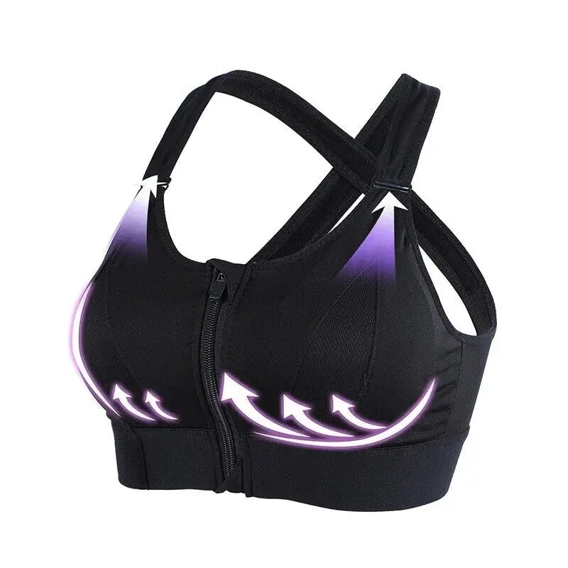 Sports Bra With Large Front Zipper Chest Cross Back Shock-proof Fitness Yoga Running Bra Without Underwire