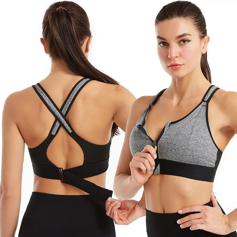 Sports Bra With Large Front Zipper Chest Cross Back Shock-proof Fitness Yoga Running Bra Without Underwire