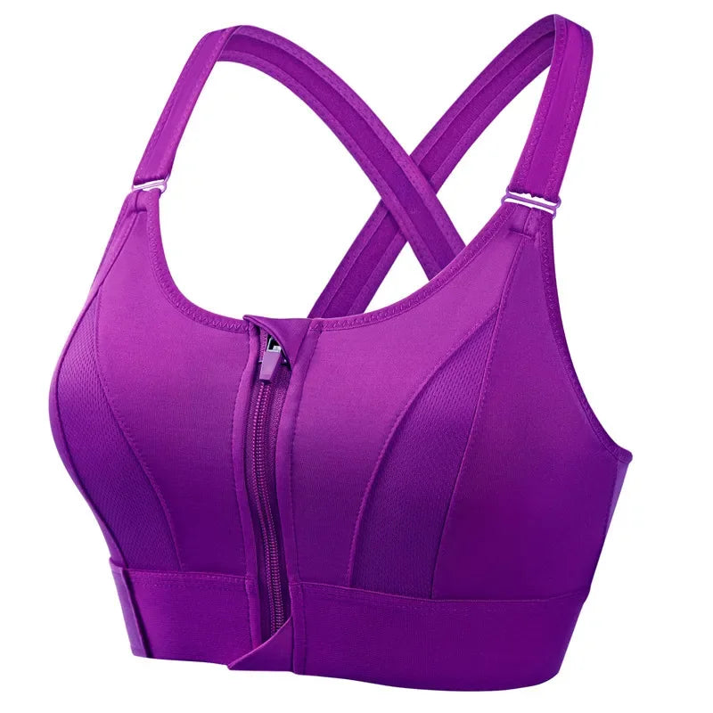 Sports Bra With Large Front Zipper Chest Cross Back Shock-proof Fitness Yoga Running Bra Without Underwire